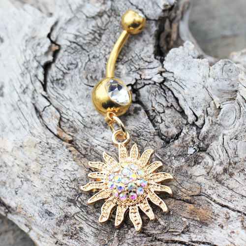 Gold Plated Shimmering Sunburst Dangling Belly Button Ring - Stainless Steel
