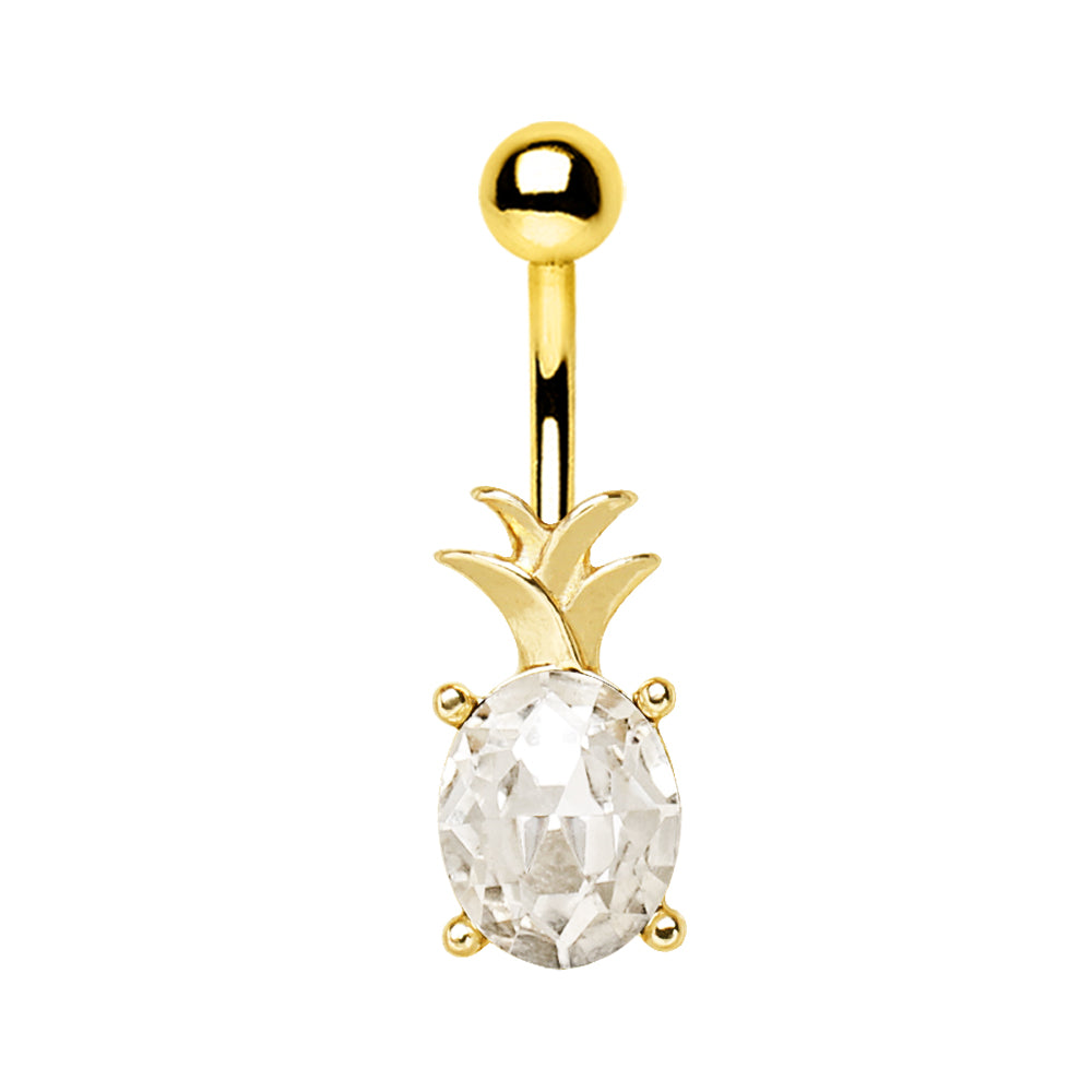 Gold Plated Jeweled Pineapple Belly Button Ring - 316L Stainless Steel