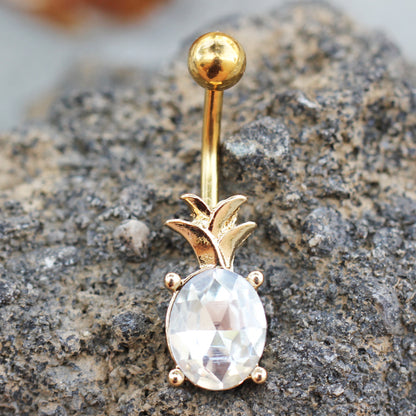 Gold Plated Jeweled Pineapple Belly Button Ring - 316L Stainless Steel