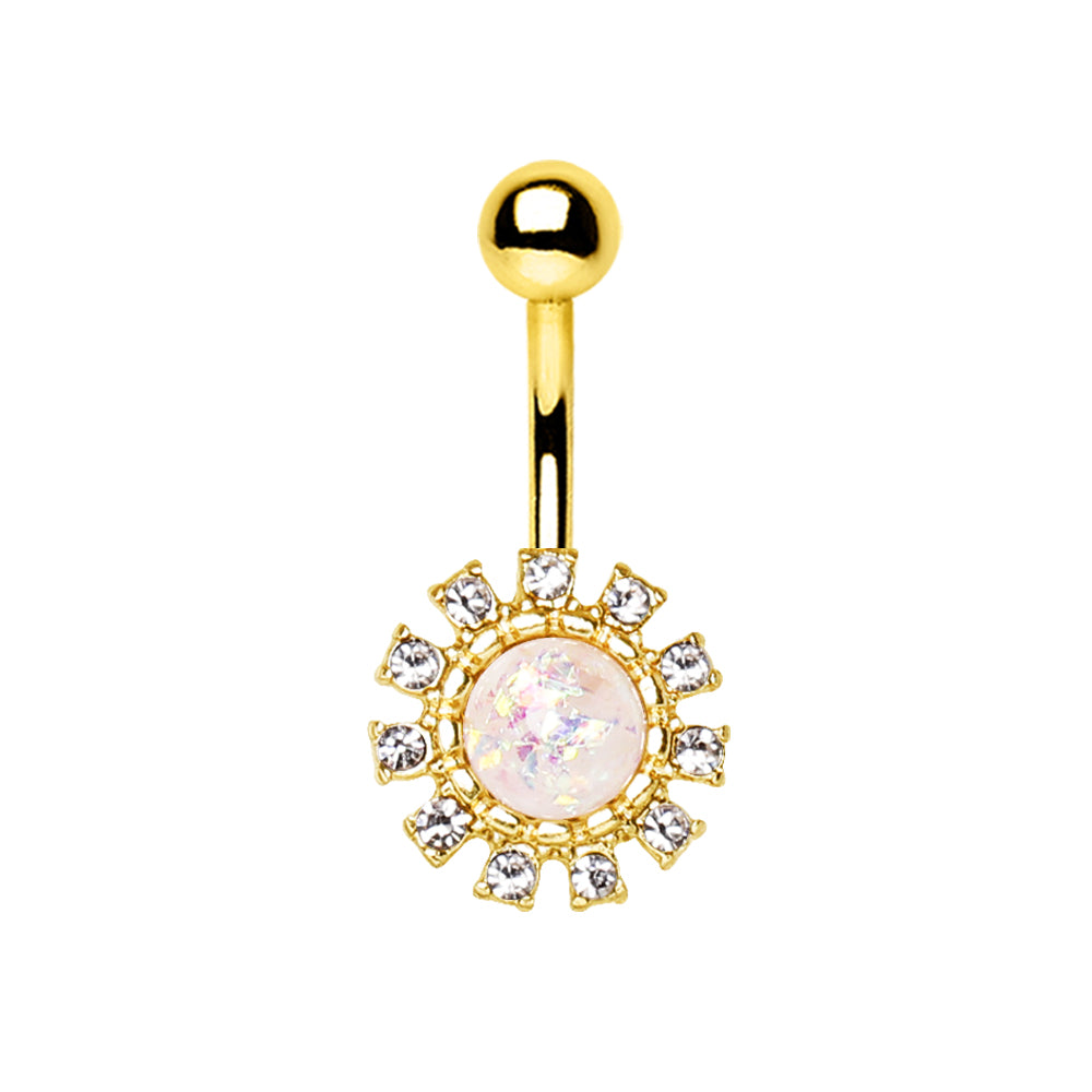 Golden Glittering Sun with Synthetic Opal Center Belly Button Ring - 316L Stainless Steel