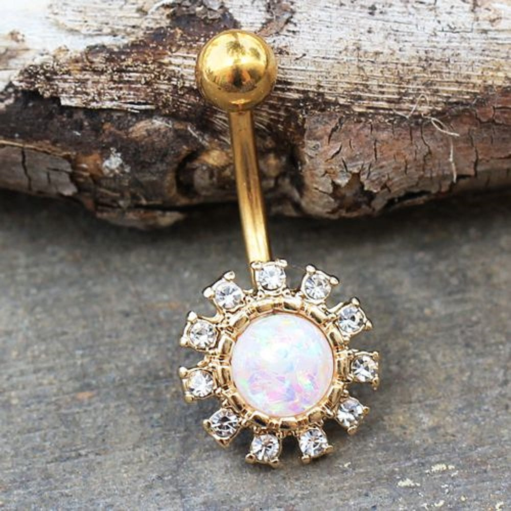 Golden Glittering Sun with Synthetic Opal Center Belly Button Ring - 316L Stainless Steel