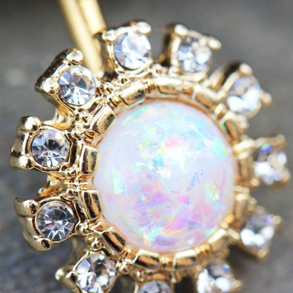 Golden Glittering Sun with Synthetic Opal Center Belly Button Ring - 316L Stainless Steel