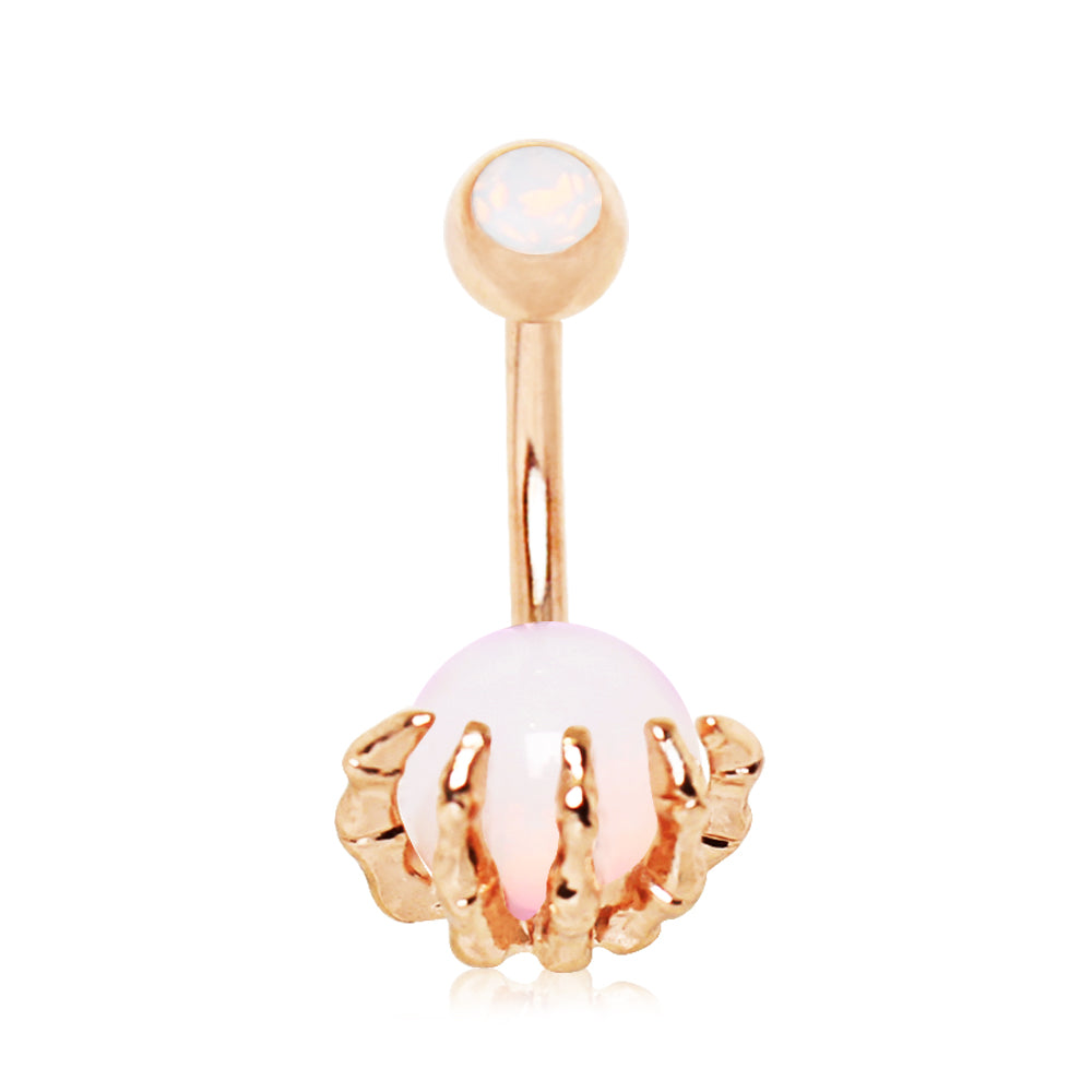 Rose Gold Plated Skeleton Hand with Crystal Orb Belly Button Ring - Stainless Steel