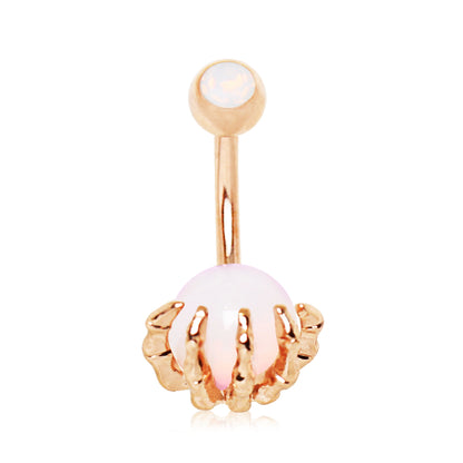 Rose Gold Plated Skeleton Hand with Crystal Orb Belly Button Ring - Stainless Steel