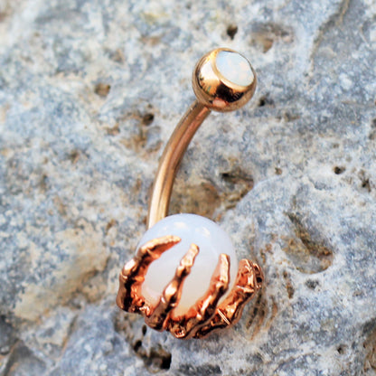 Rose Gold Plated Skeleton Hand with Crystal Orb Belly Button Ring - Stainless Steel