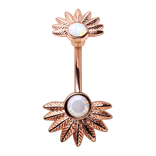 Synthetic Opal Palm Leaves Belly Button Ring - Rose Gold Plated Stainless Steel