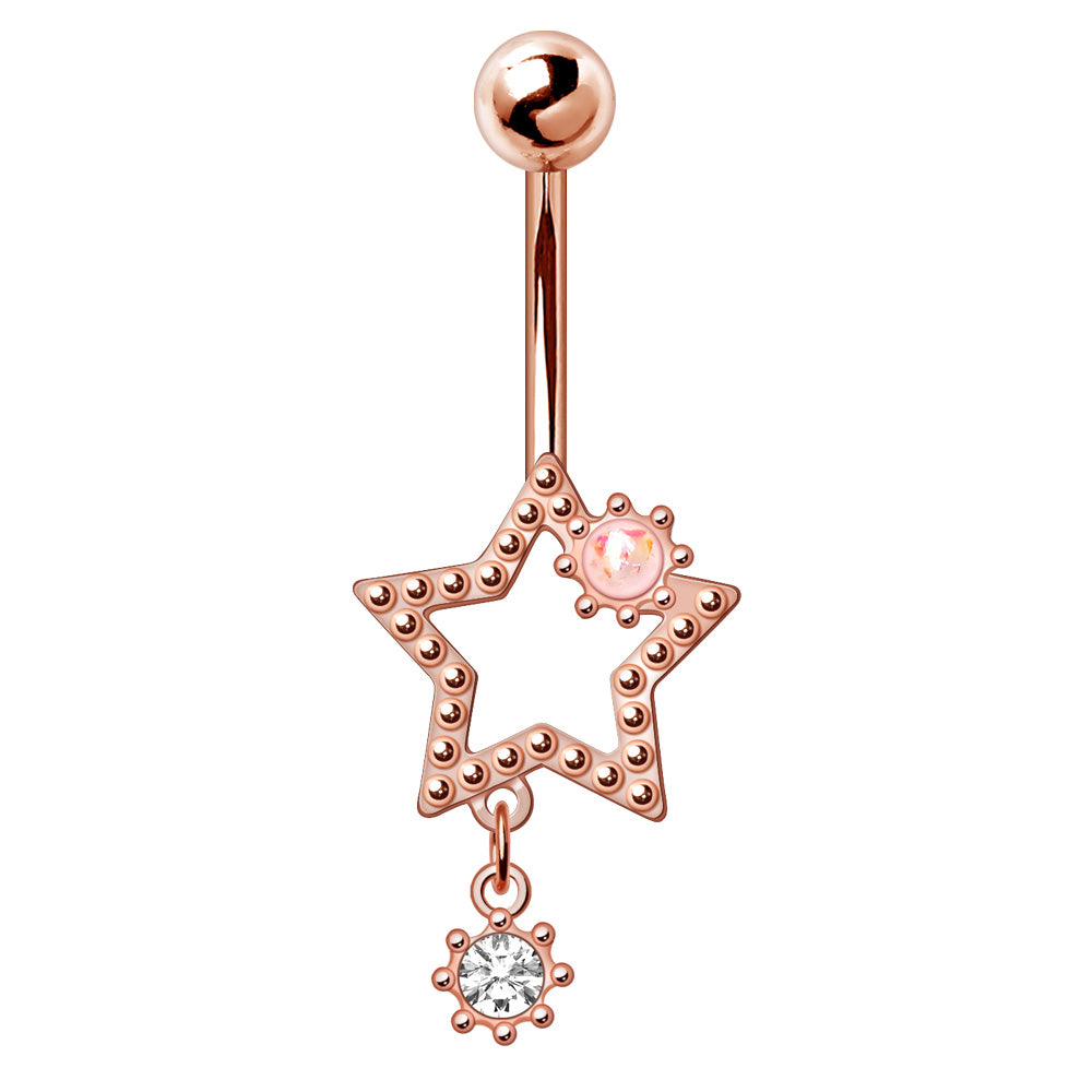 Rose Gold Tone Star with Dangling CZ Gem Belly Button Ring - 316L Stainless Steel