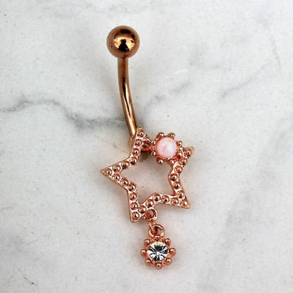 Rose Gold Tone Star with Dangling CZ Gem Belly Button Ring - 316L Stainless Steel