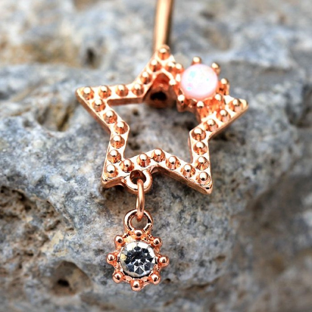 Rose Gold Tone Star with Dangling CZ Gem Belly Button Ring - 316L Stainless Steel