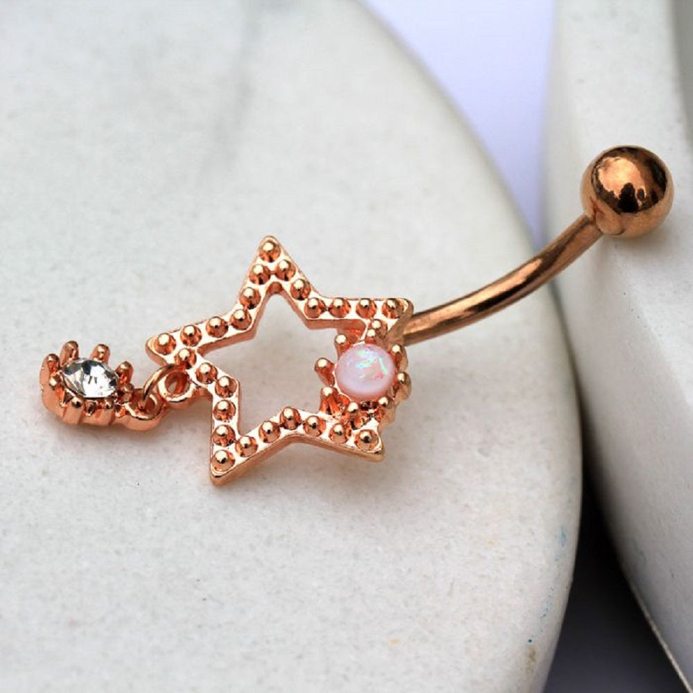 Rose Gold Tone Star with Dangling CZ Gem Belly Button Ring - 316L Stainless Steel