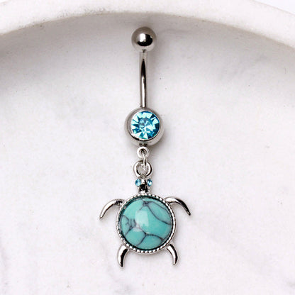 CZ Crystal and Turquoise Stone Sea Turtle Dangle Belly Button Ring - Stainless Steel