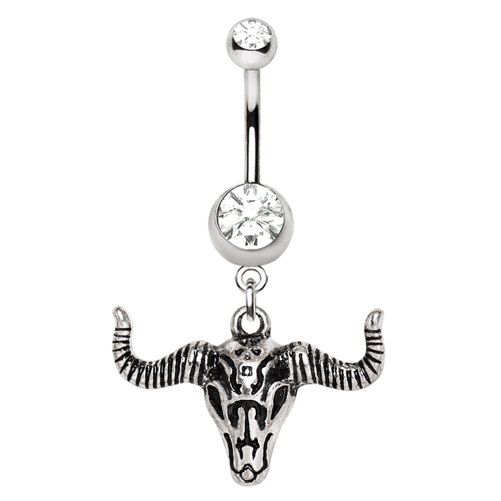 Antique Bull Skull Head Dangle Belly Button Ring - Stainless Steel