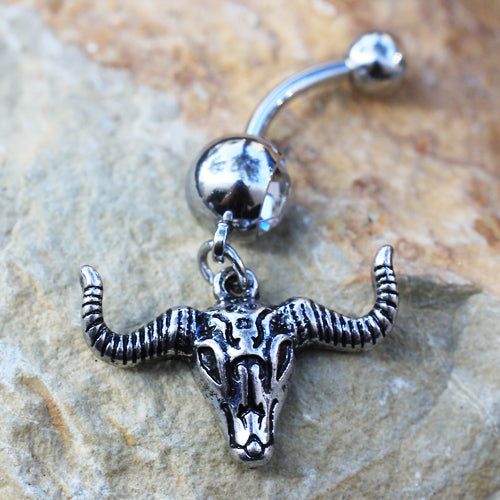 Antique Bull Skull Head Dangle Belly Button Ring - Stainless Steel