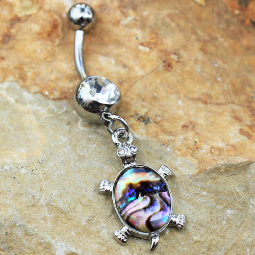 Teal Abalone Inlay Turtle Dangle Belly Button Ring - 316L Stainless Steel