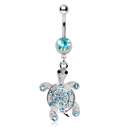 Dangling Turtle with Aqua Gem Belly Button Ring in with CZ Crystal Accents - 316L Stainless Steel