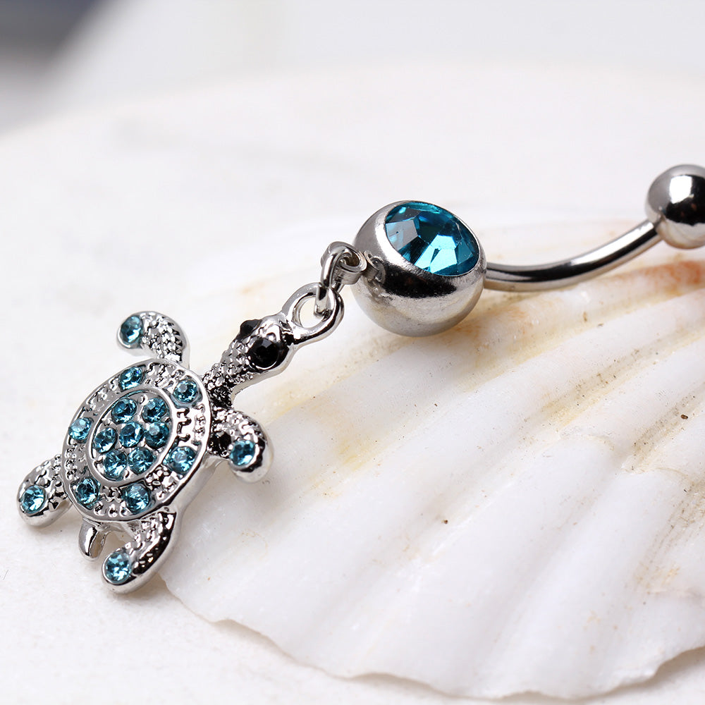 Dangling Turtle with Aqua Gem Belly Button Ring in with CZ Crystal Accents - 316L Stainless Steel