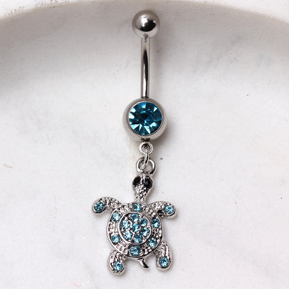 Dangling Turtle with Aqua Gem Belly Button Ring in with CZ Crystal Accents - 316L Stainless Steel