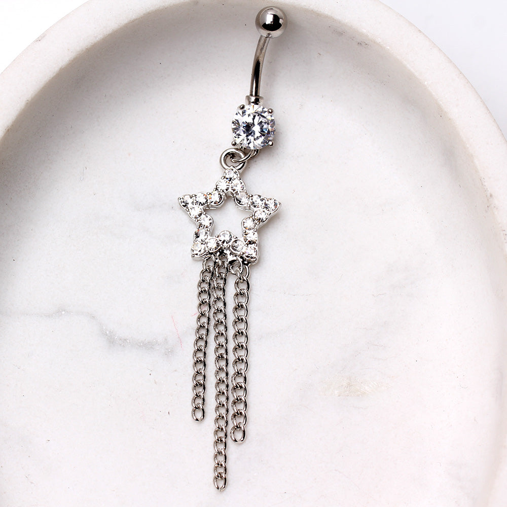 Crystal Star and Chains Dangling Belly Button Ring - Stainless Steel