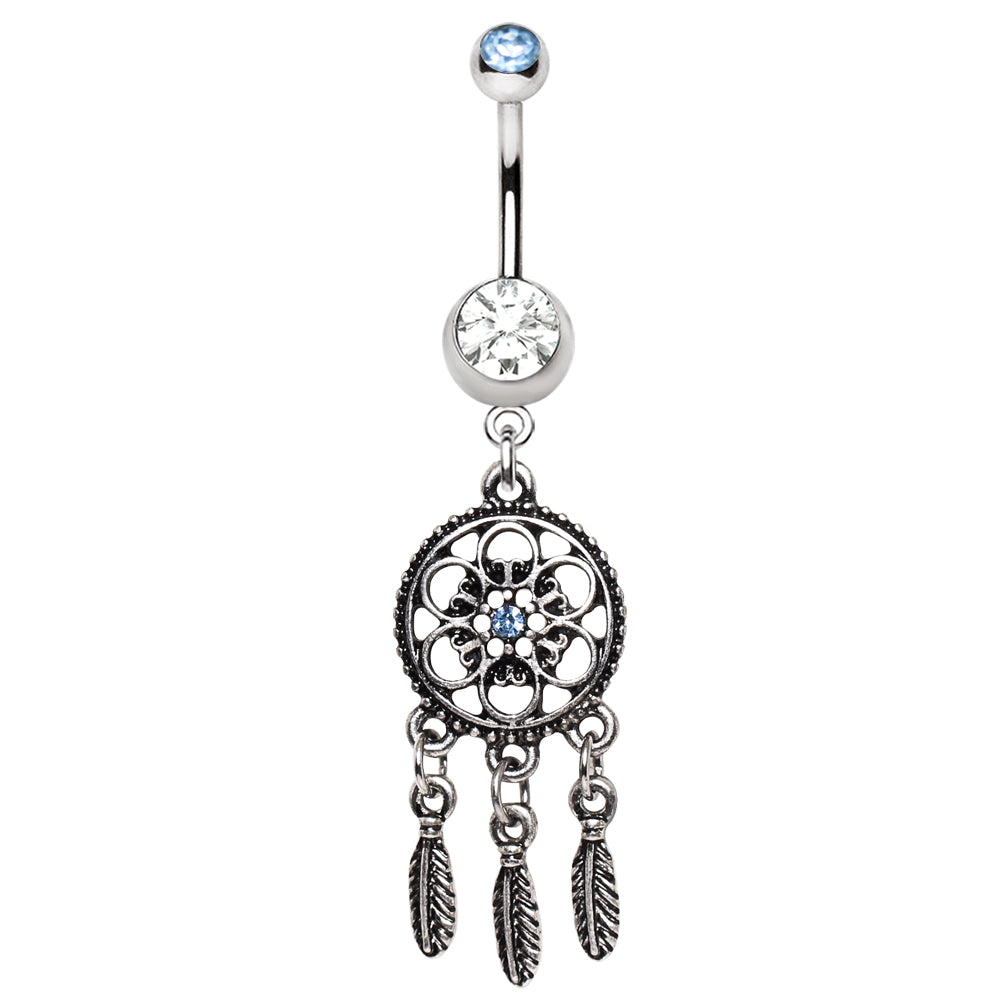 Blue and Clear CZ Crystal Ornate Dream Catcher Dangle Belly Button Ring - Stainless Steel
