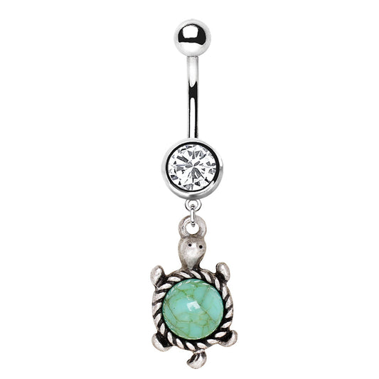 Jade Shell Turtle Belly Button Ring - 316L Stainless Steel
