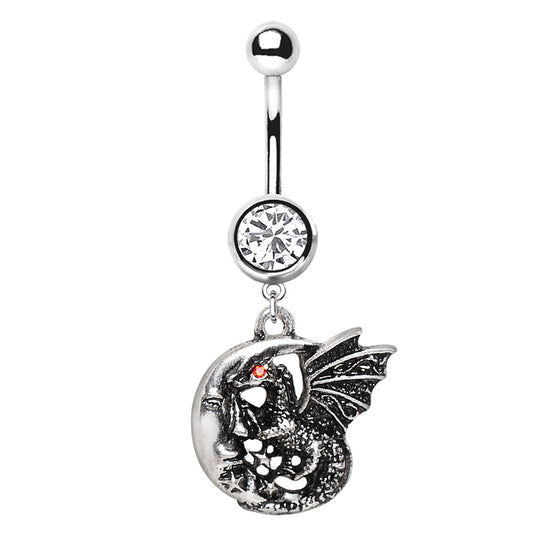 Dragon in Crescent Moon Fantasy Dangling Charm Belly Button Ring - Stainless Steel