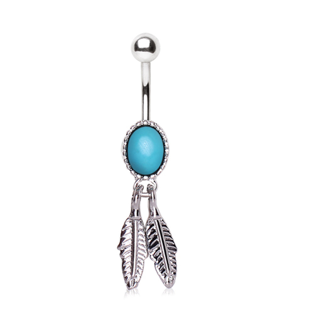 Oval Turquoise Stone with Dangling Metallic Feathers Belly Button Ring - 316L Stainless Steel