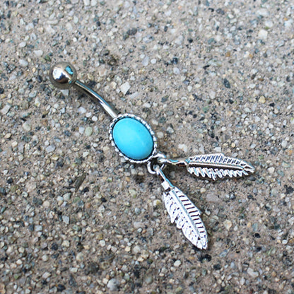 Oval Turquoise Stone with Dangling Metallic Feathers Belly Button Ring - 316L Stainless Steel