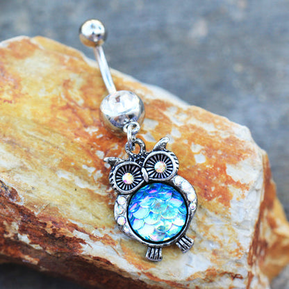 Jeweled Rainbow Owl Dangling Belly Button Ring - 316L Stainless Steel