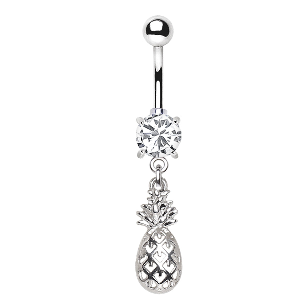 CZ Crystal Pineapple Dangling Charm Belly Button Ring - Stainless Steel