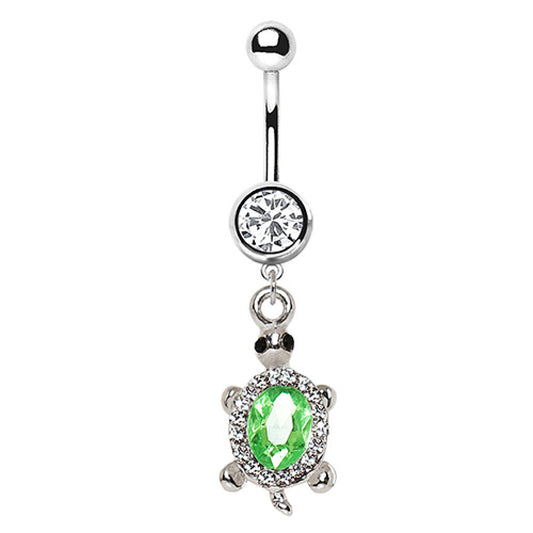 Green CZ Crystal Turtle Dangling Belly Button Ring - Stainless Steel