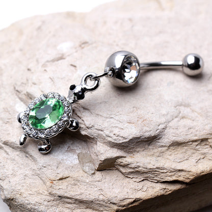 Green CZ Crystal Turtle Dangling Belly Button Ring - Stainless Steel