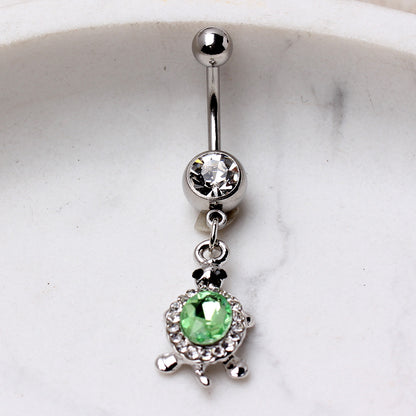 Green CZ Crystal Turtle Dangling Belly Button Ring - Stainless Steel