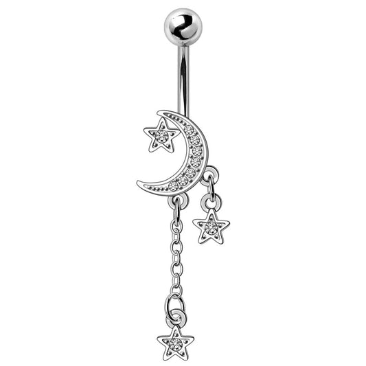 Moon and Stars Dangling Belly Button Ring - 316L Stainless Steel