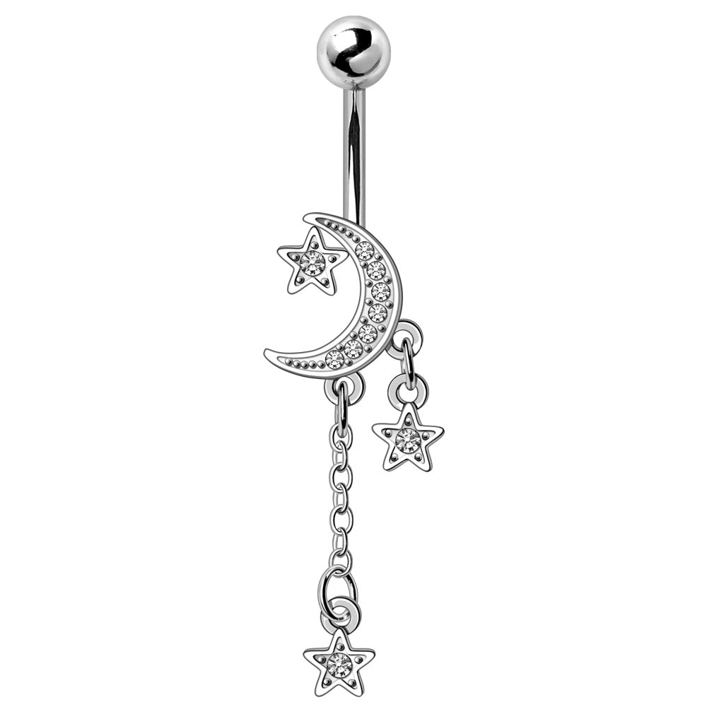 Moon and Stars Dangling Belly Button Ring - 316L Stainless Steel