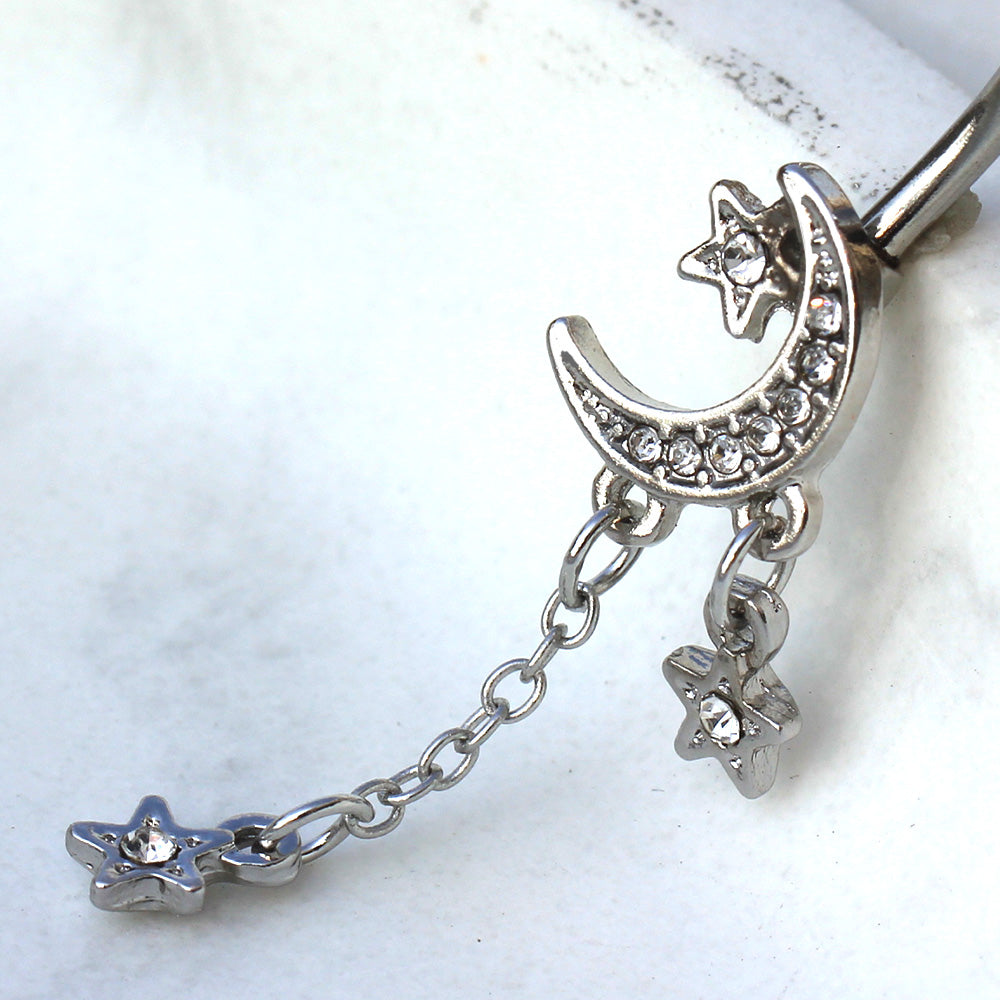 Moon and Stars Dangling Belly Button Ring - 316L Stainless Steel