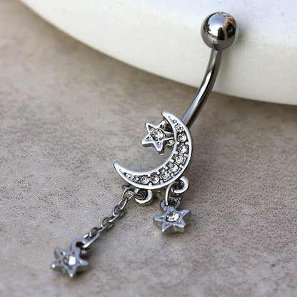 Moon and Stars Dangling Belly Button Ring - 316L Stainless Steel