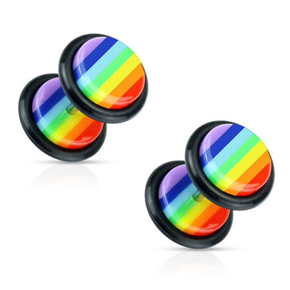 Rainbow Striped Gay Pride Fake Cheater Plugs Earrings - Stainless Steel - Pair