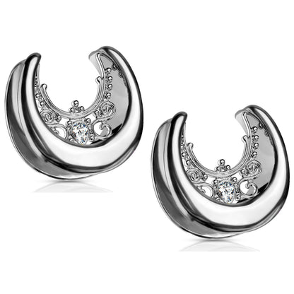 Floral Filigree Crystal Center Saddle Spreader Ear Gauges - 316L Stainless Steel - Pair