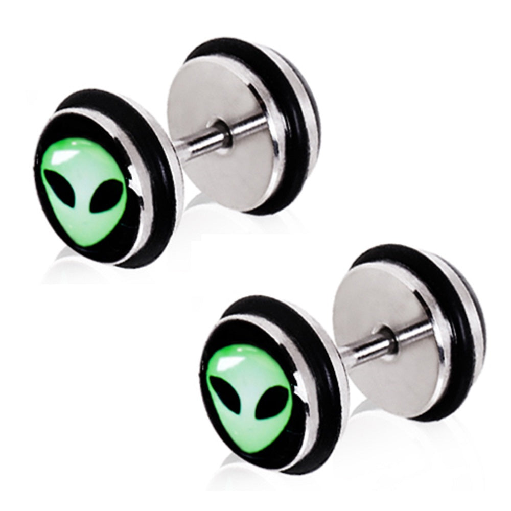 Green Alien UFO Fake Cheater Plugs Earrings - Stainless Steel