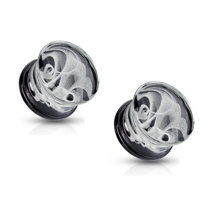 White Swirling Smoke Pyrex Glass Double Flared Black Back Plugs - Pair