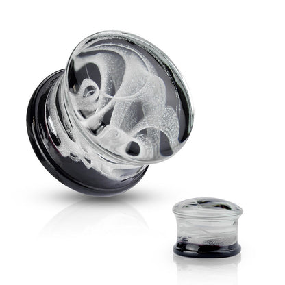 White Swirling Smoke Pyrex Glass Double Flared Black Back Plugs - Pair