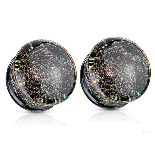 Multicolor Aurora Borealis Sparkle Swirl Galaxy Double Flared Glass Plugs - Pair