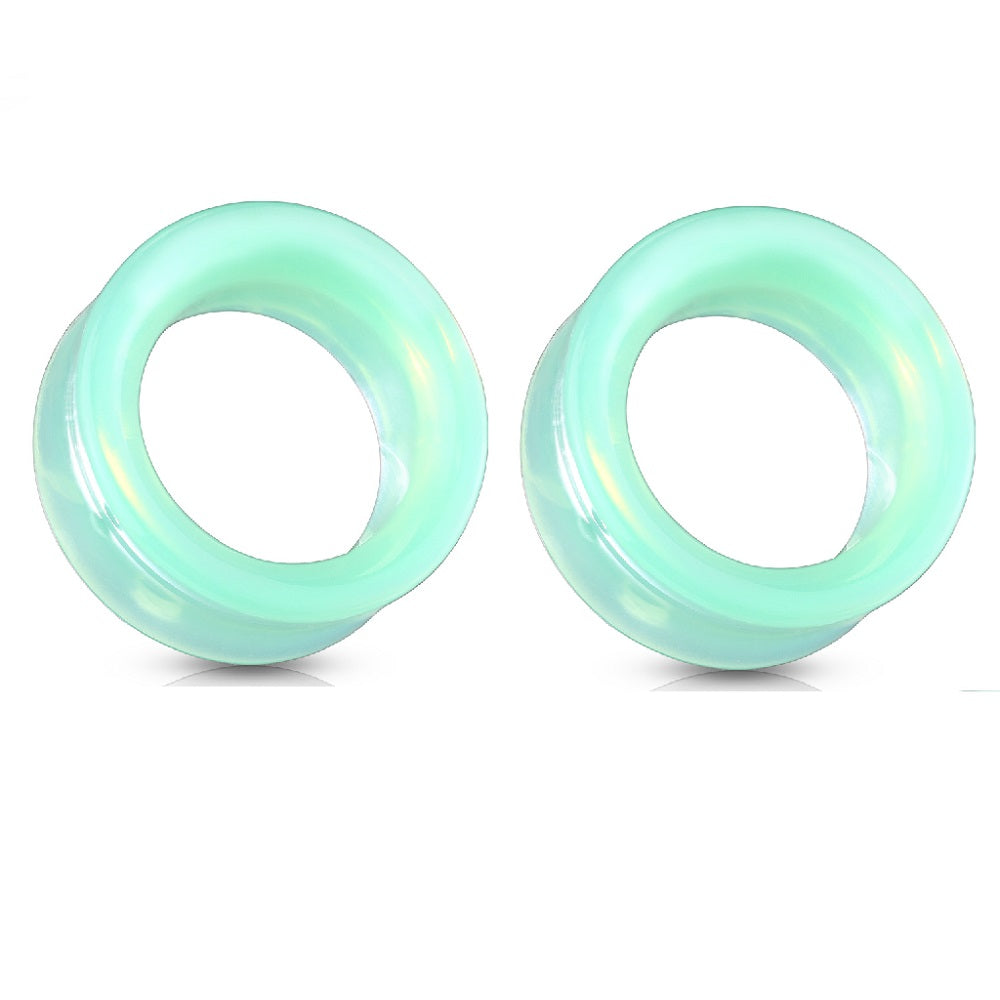 Green Opalite Glass Double Flared Saddle Tunnels - Pair