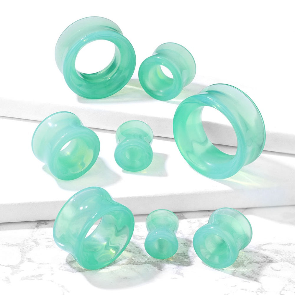 Green Opalite Glass Double Flared Saddle Tunnels - Pair