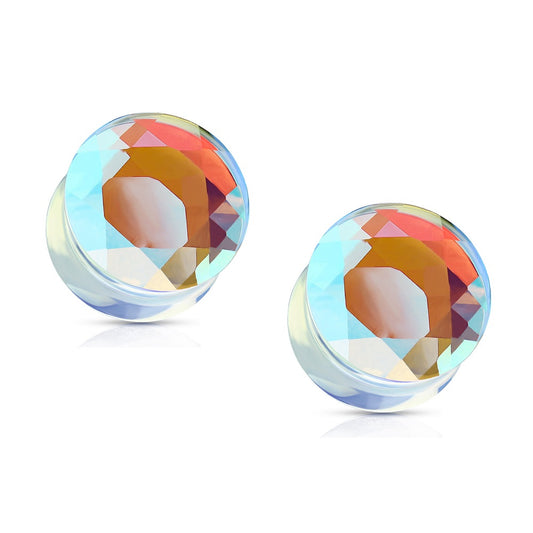 Iridescent Glass Faceted Double Flared Saddle Plug Gauges - Pair