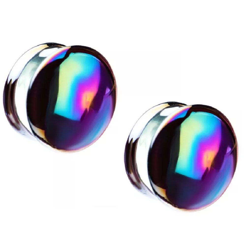 Front Facing Metallic Rainbow Oil Slick Glass Saddle Plugs