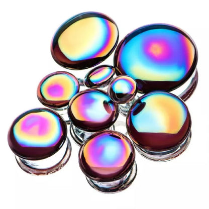 Front Facing Metallic Rainbow Oil Slick Glass Saddle Plugs