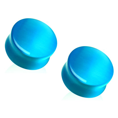 Natural Aqua Blue Cat's Eye Stone Double Flared Saddle Plugs