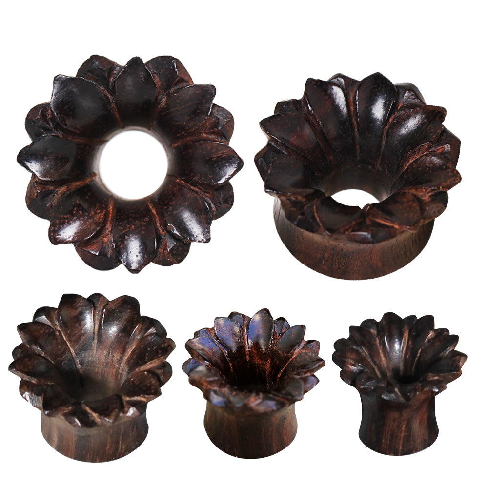 Hand Carved Dark Brown Lotus Flower Sono Wood Tunnels