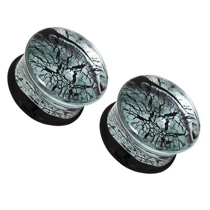 Glass Silver and Black Cracked Web Design Double Flared Ear Plug Gauges